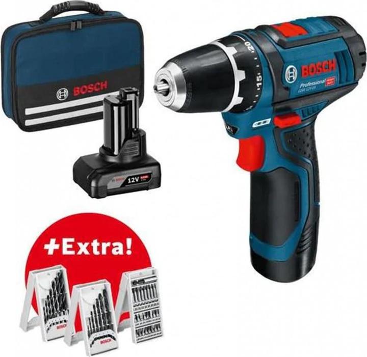 Bosch Professional GSR 12V-15, mit 1 x 2.0 Ah, 1 x 4.0 Ah, Zubehör-Set in Tasche (Akkubetrieb)