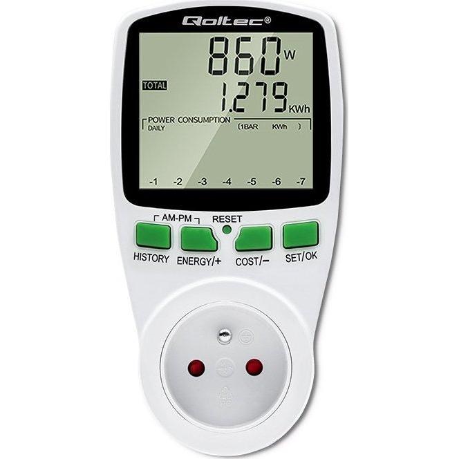 Qoltec Watomierz Licznik zużycia energii PM0627 z historią pomiaru 3680W 16A LCD, Thermostat, Weiss