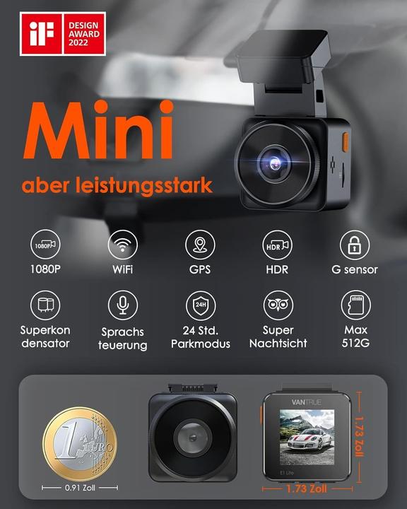Immagine prodotto Vantrue Mini Dashcam E1 lite con controllo vocale e GPS (Ricevitore GPS, WiFi, Accumulatore di carica elettrica, Display integrato, Accelerometro, Visione notturna, Microfono incorporato, Controllo vocale, Full HD)