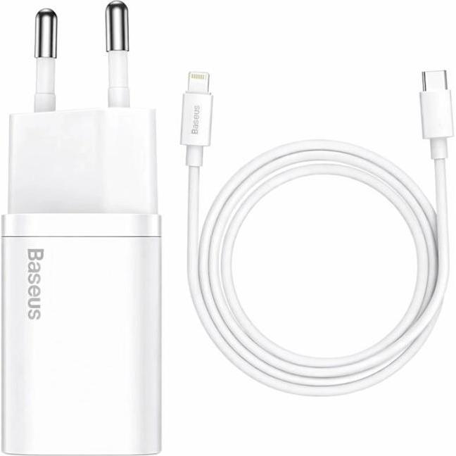 Baseus Cube 20W PD USB-C Wall Charger with Superior Lightning PD 20W 1m Cable - White (20 W), Caricatore USB, Bianco