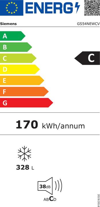 Label énergétique Siemens iQ500, Congélateur indépendant, 176 x 70 cm, blanc, GS54NEWCV (Autonome, 328 l)
