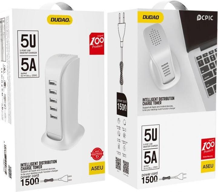 Produktbild Dudao A5EU 5x USB charger + power cable (white) (25 W, 5 Ports)
