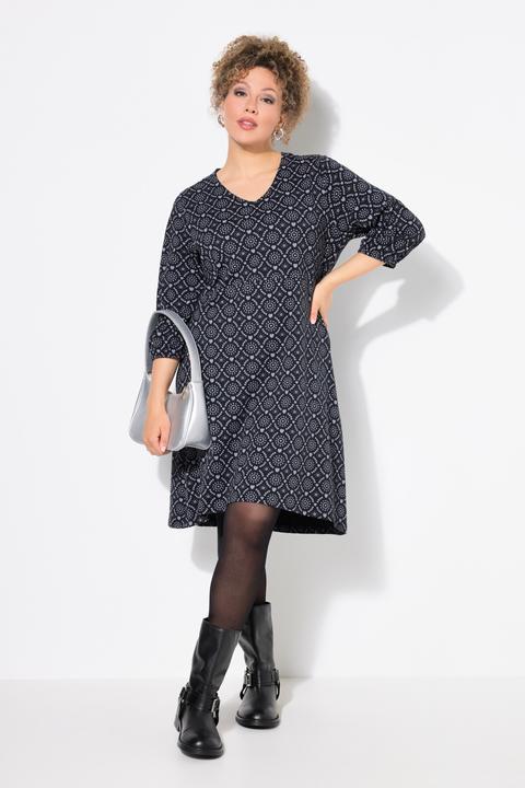 Image du produit Ulla Popken Robe en jersey, décolleté en V et manches 3/4, coupe évasée (60)