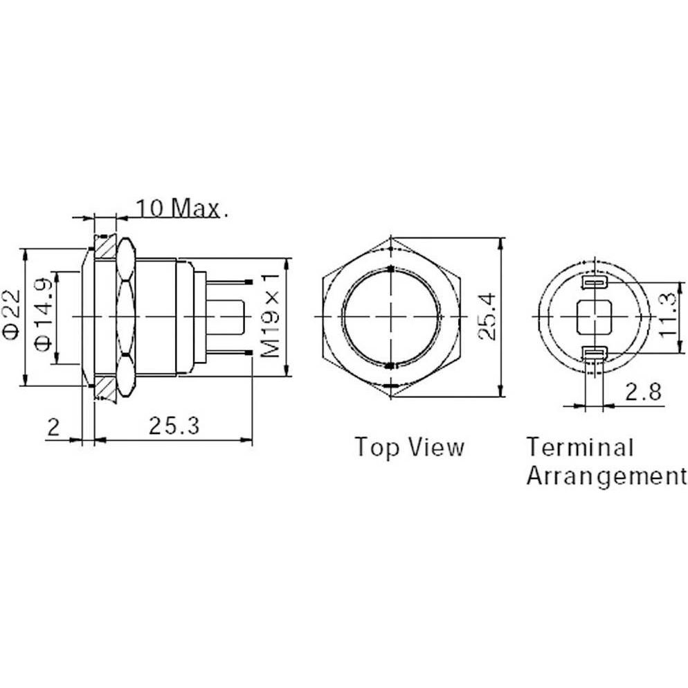 Thumbnail - Tru Components 701929 GQ19F-10/J/S Vandalismusgeschützter Drucktaster 48 V/DC 2, Taster + Schalter, Silber