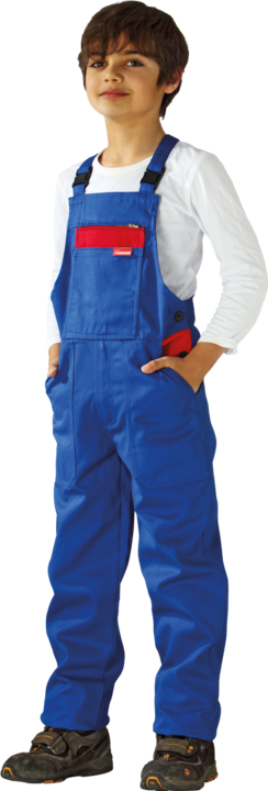 Planam Salopette per bambini, 100%BW, 292g/mq, 134/140, blu reale/rosso (134)