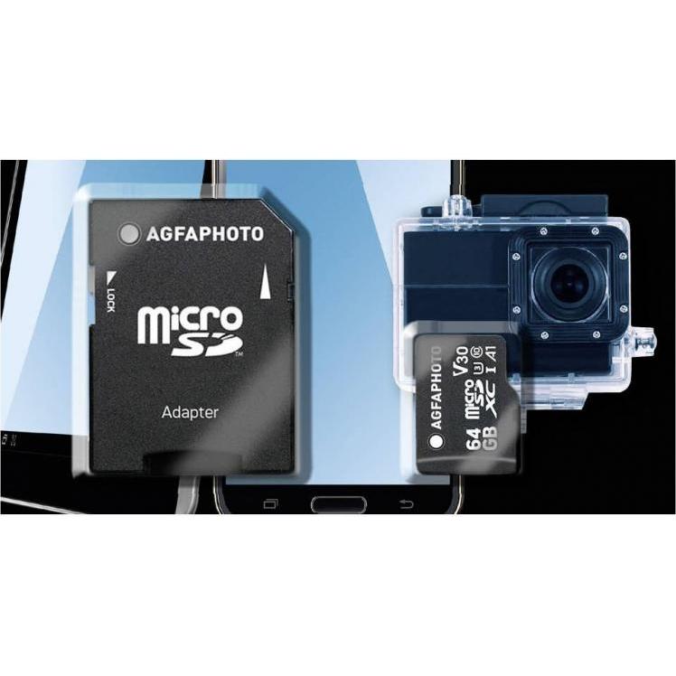 Thumbnail - AGFAPHOTO MicroSDXC UHS-I 64GB High Speed C 10 U3 V30 + Adapter (64 GB, microSDXC, U3, UHS-I), Speicherkarte