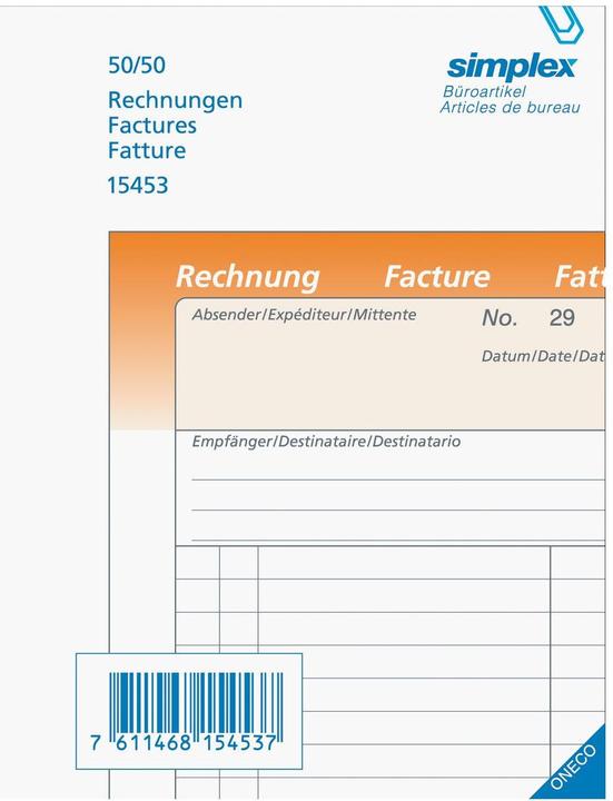 Actual product image Simplex Carbonless copybook Invoices Oneco (100x)