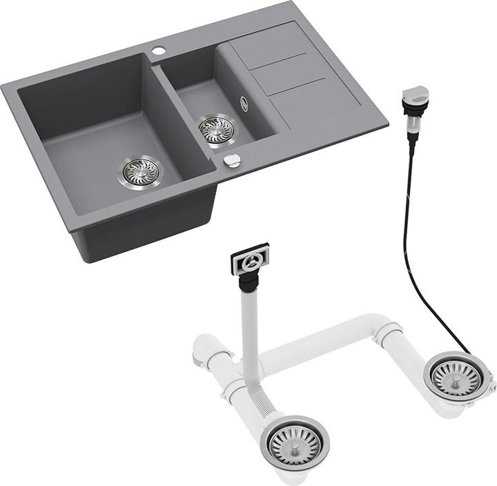 Produktbild Bergström Spülbecken Seattle, Grau, 80 x 50 cm mit 2 Spülbecken & Trockenplatz (Einbauspüle mit Abtropffläche, 50 cm, 80 cm)