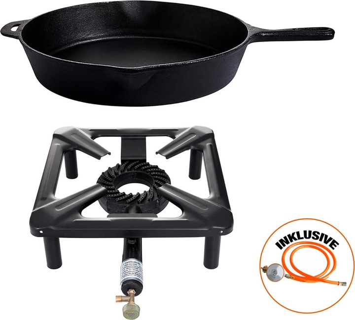 Produktbild All'Grill Hockerkocher-Set (klein) mit Gusseisenpfanne Ø 39 cm inkl. Gasschlauch & Regler (Kochtopf, Gusseisen)