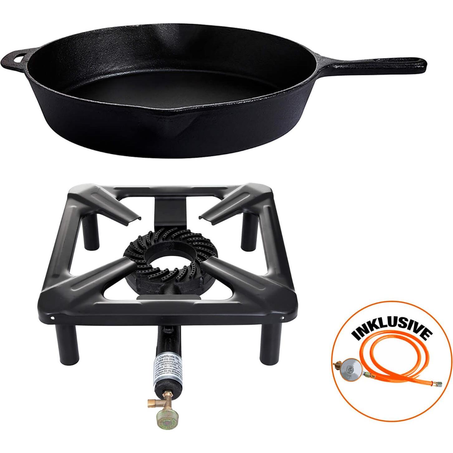 All'Grill Hockerkocher-Set (klein) mit Gusseisenpfanne Ø 39 cm inkl. Gasschlauch & Regler, Pfanne + Kochtopf