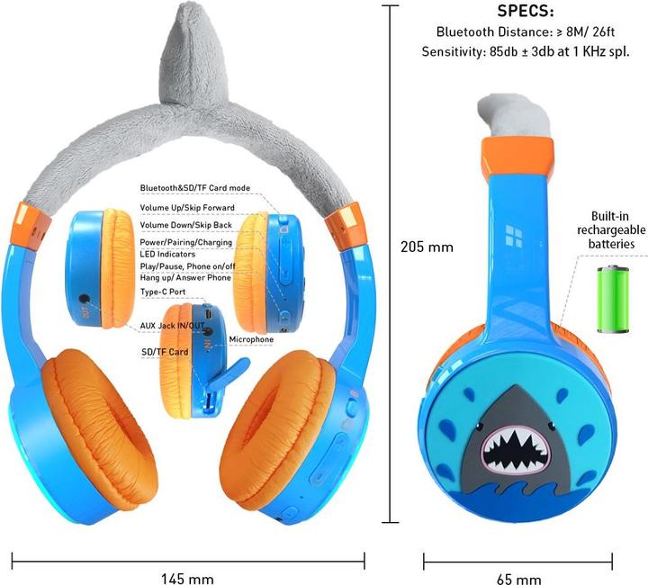 Actual product image PhoneLook Cool wireless Bluetooth 5.3 headphones for kids with 85dB muted volume and fun design
