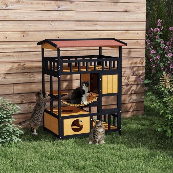 Produktbild Swisshandel24 Katzenhaus aus Holz Katzenhöhle mit Plattformen, Hängebrück für bis zu 2 Katzen (Katze)