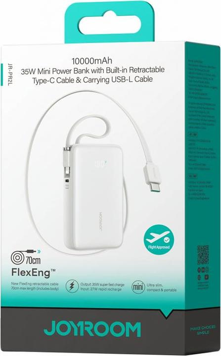 Actual product image Joyroom JR-PR2L 35W Mini Power Bank with Retractable Type-C Cable & Carrying USB-L Cable 10000mAh - White (10000 mAh, 35 W, 38.50 Wh)