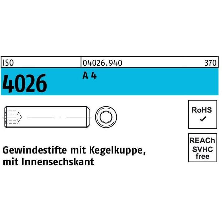 Reyher, Schrauben, Gewindestift ISO 4026 Kegelkuppe/Innen-6-kant M 10 x 50 A 4 (50 Schrauben pro Stück)