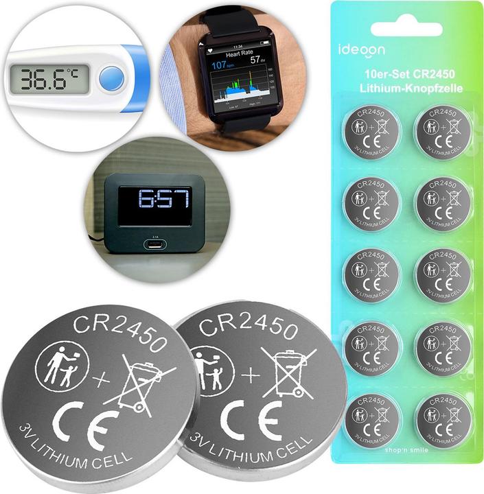 Ideoon 10er Set CR2450 Lithium Knopfzellen 3V Batterien, 620 mAh hohe Kapazität (10 Stk., CR2450, 620 mAh)