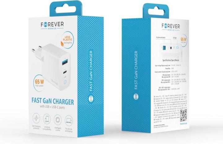 Actual product image Forever GaN TC-06-65AC PD QC charger 1x USB-C 1x USB 65W white (65 W, 2 ports)
