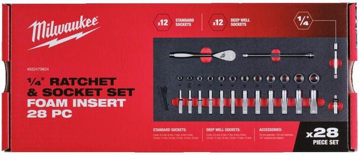 Produktbild MGA Milwaukee 1/4" Ratschen- und Steckschlüsselsatz Schaumstoffeinsatz für 30“ Werkstattwagen 28 Stück