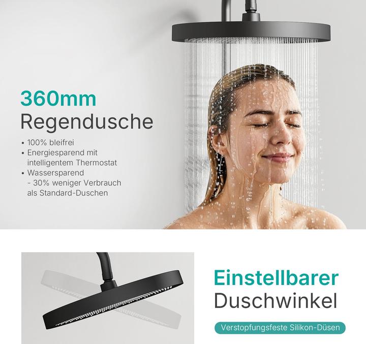 Actual product image Emke Shower system with thermostat, hand shower + rain shower + children's shower + lower outlet, black