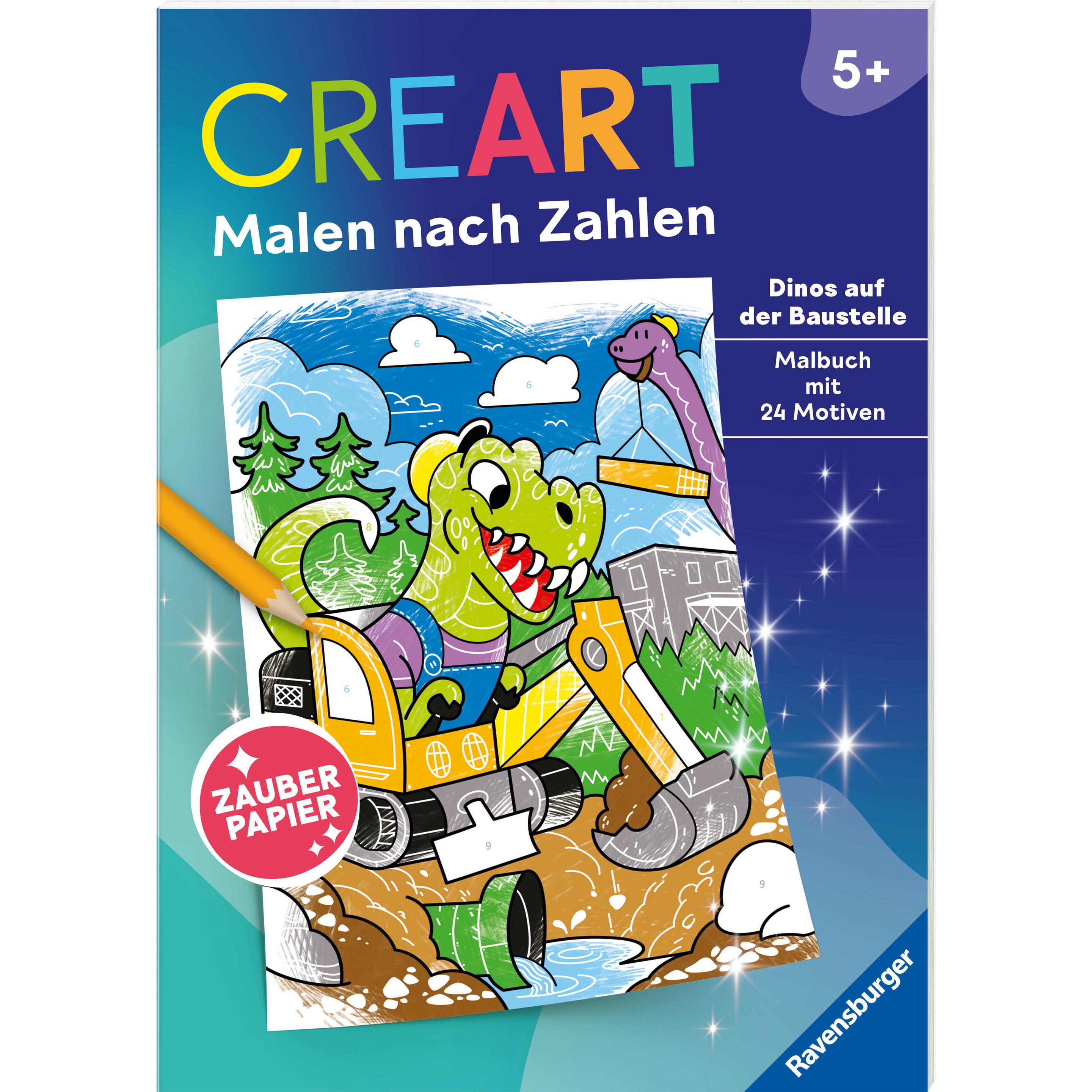 Ravensburger CreArt Malen nach Zahlen ab 5: Dinos auf der Baustelle, Malbuch, 24 Motive