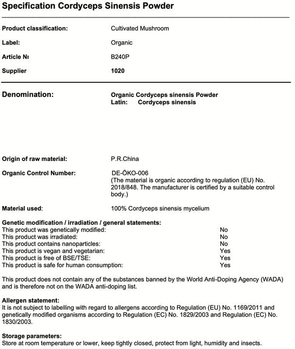 Nährwerte und Zutaten Zimmerli Adaptogene Cordyceps Pulver (BIO) (1 Stück, Pulver, 100 g)