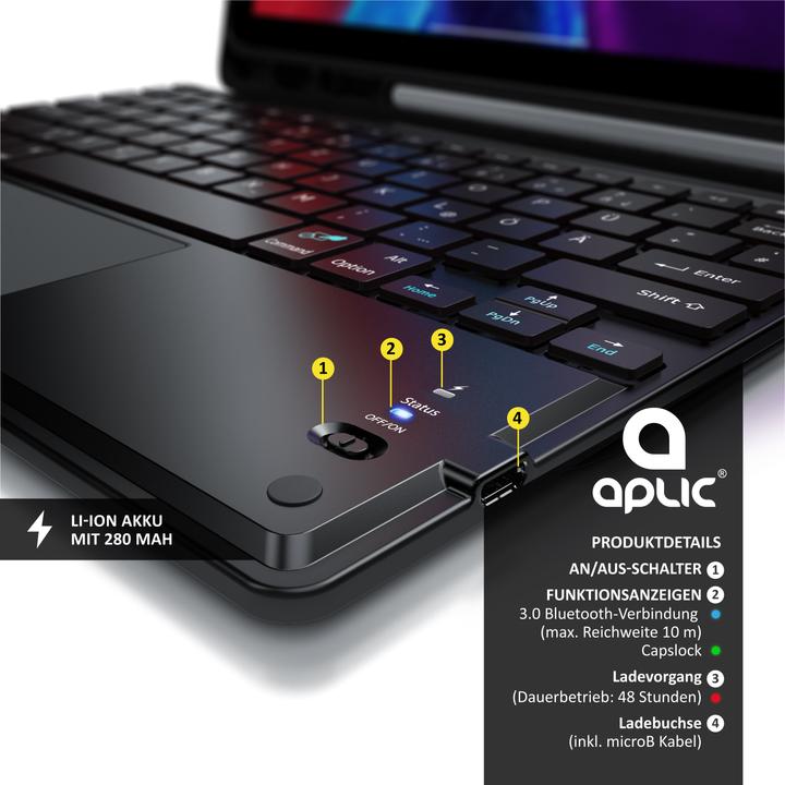 Actual product image Aplic Bluetooth tablet keyboard for iPad Pro 12.9 inch Gen 3 + 4, 280 mAh battery, keyboard with case (DE)