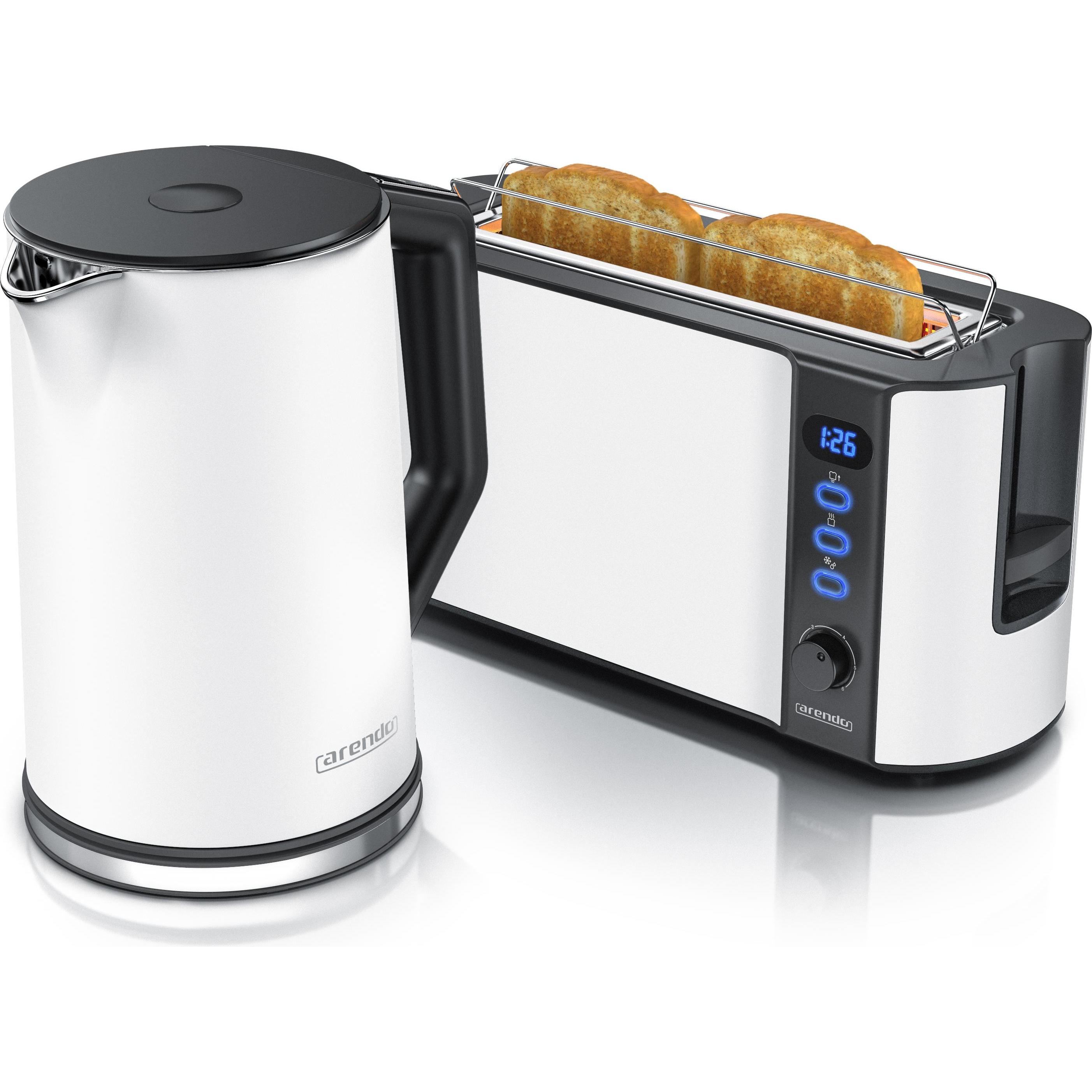 Arendo Frühstücks Set, Edelstahl Wasserkocher 1,5l Temperaturwahl & 2-Scheiben Langschlitz Toaster, Weiss, Wasserkocher,...
