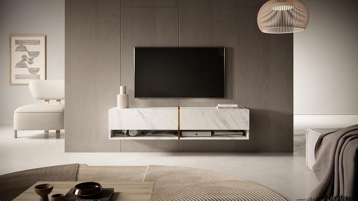 Actual product image Selsey Mirrgo Floating TV Console with Golden Accents and White Marble Finish (140 x 31.60 x 30 cm)