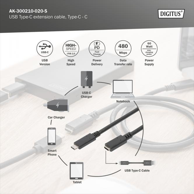 Produktbild Digitus USB C – USB C (2 m, USB 2.0, 15 W)