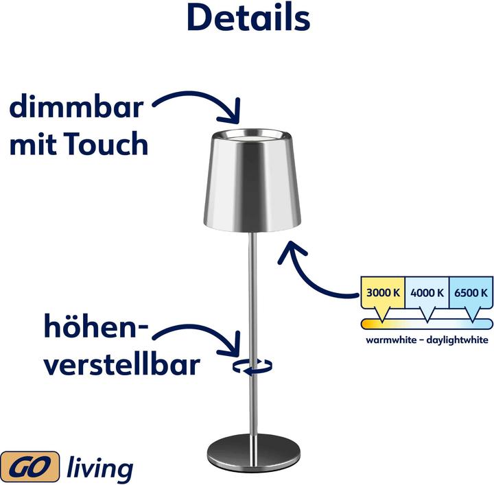Produktbild Müller Licht MÜLLER-LICHT LED-Akku-Tischleuchte Holly, 3 W, 300 lm, silber (300 lm)