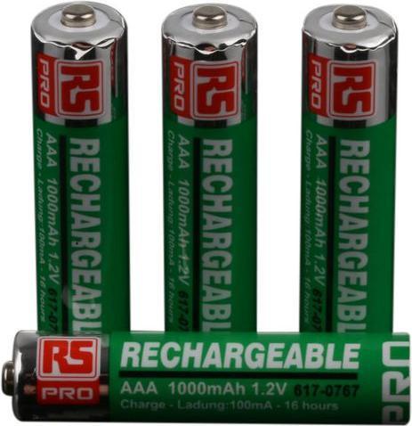 Image du produit RS PRO Batterie AAA, NiMH, 1.2V, 1Ah, connecteur standard, -10 +60°C (4 pcs, AAA, 1000 mAh, Batterie)