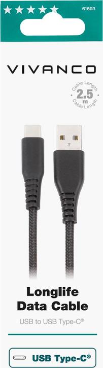 Actual product image Vivanco Longlife USB-C cable, nylon, USB-A plug <> USB-C plug, max. 18W, black, 2.50m (2.50 m, USB 2.0)