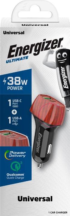Actual product image Energizer Car Charger - Power Delivery & QC3 - 38W - 1 USB-C & 1 USB-A, Wood Look