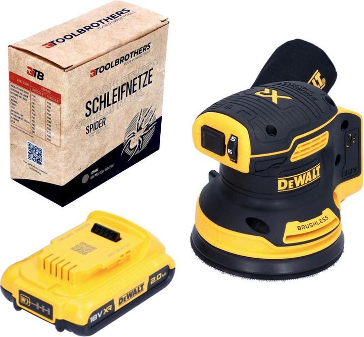 Productafbeelding DeWalt DCW 210 N Accuschuurmachine 18 V 125 mm Brushless + 1x accu 2.0 Ah + 1x Toolbrothers SP (Excentrische schuurmachine)