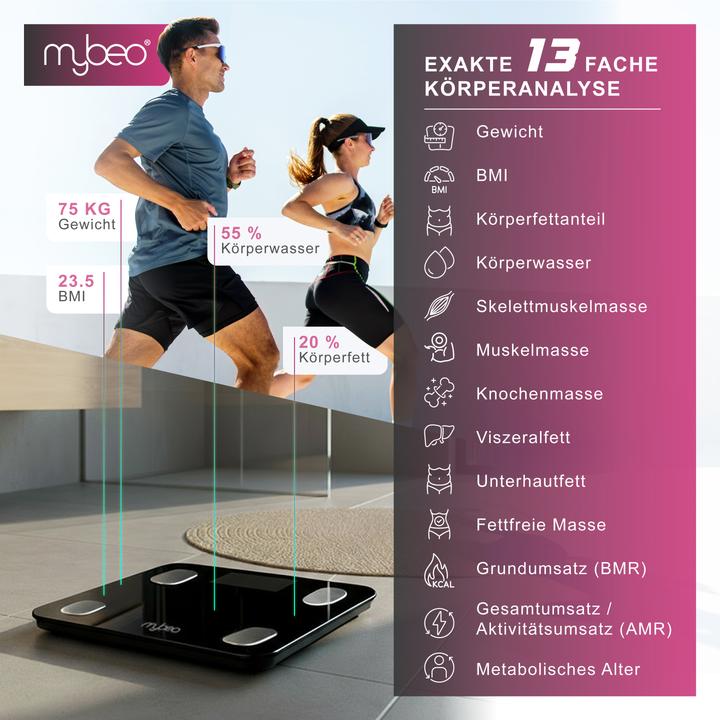 Image du produit Mybeo Körperwaage smart, Bluetooth, Farbdisplay, Trend-Diagramm, Appsteuerung OKOK, schwarz, max. 180kg (180 kg)