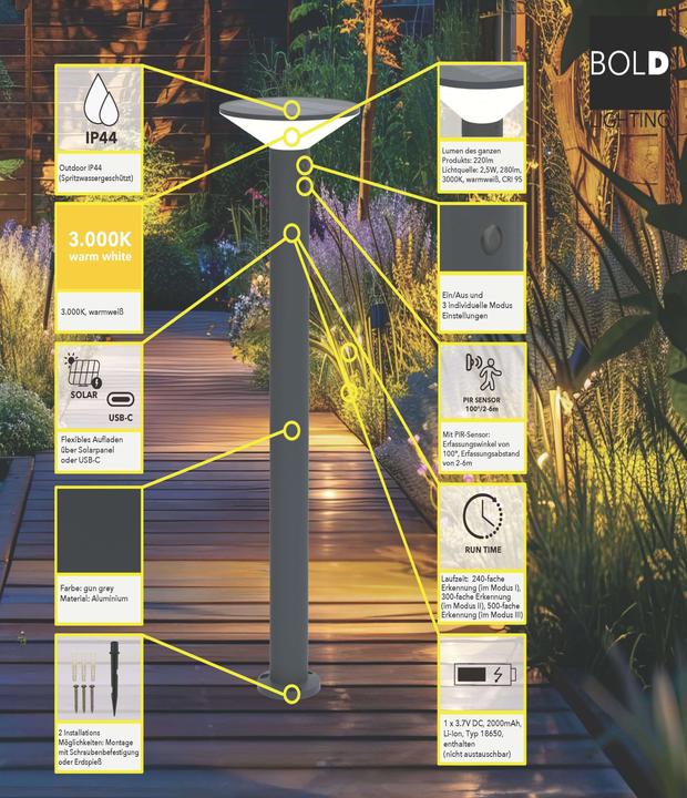 Image du produit Bold Solar-Wegeleuchte mit PIR (Bewegungssensor) (250 lm, IP44)
