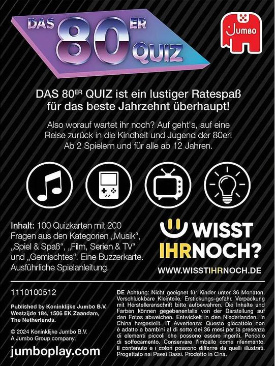 Produktbild Jumbo Das 80er Quiz: Wisst Ihr Noch? (Deutsch, Französisch, Italienisch, 2 Spieler)