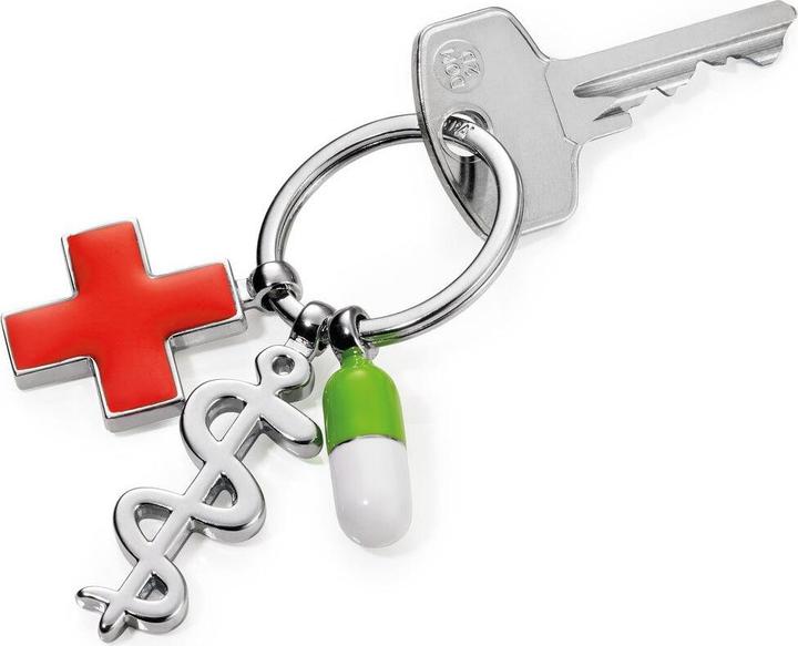 Produktbild Troika GET WELL Schlüsselanhängern mit 3 Anhängern Asklepius, Kreuz, Pille, glänzend grau/mehrfarbig
