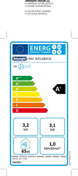 Energie-Label De'Longhi PAC WE128 Eco (44 m², 12500 BTU/h)