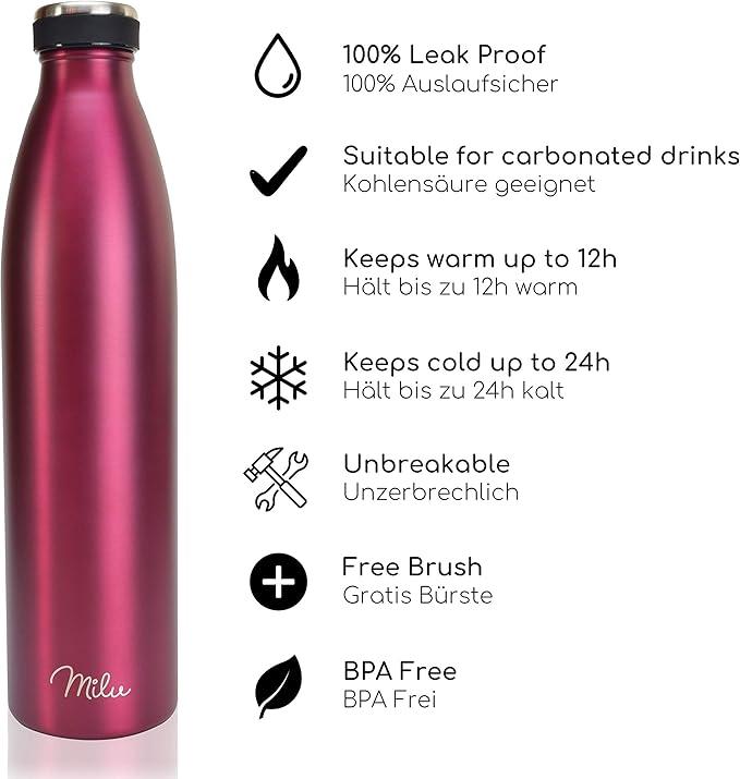 Immagine prodotto Milu Borraccia thermos 1000ml + spazzola per la pulizia in silicone Colore: Bacca / Rosa (1 l)