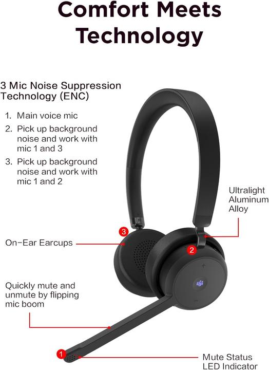 Produktbild Lenovo Bluetooth-On-Ear-Headset mit USB-A-Adapter für Microsoft Teams (Kabellos, USB-A, Microsoft Teams)