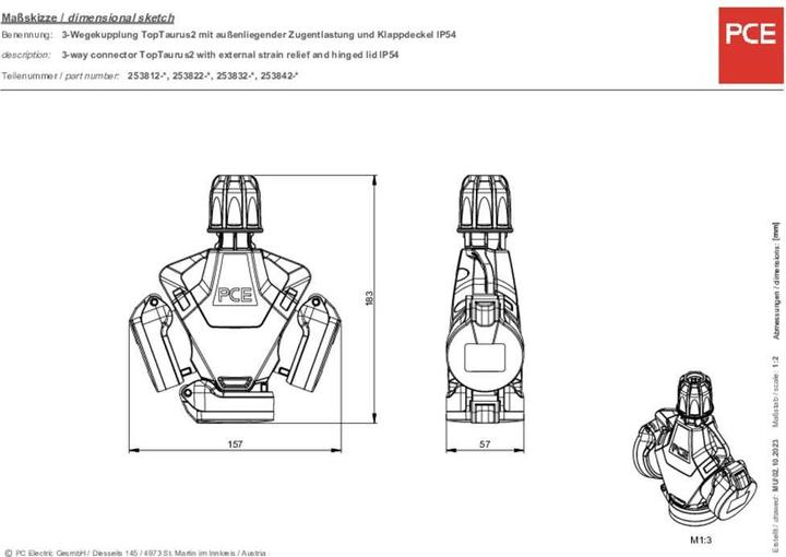 Produktbild PCE PC Electric 253832-sr 3fach-Kupplung Gummi mit Spannungsanzeige 250 V Rot IP54