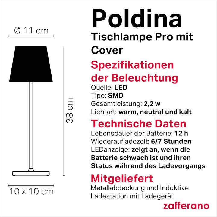 Actual product image Zafferano Poldina Pro Wireless Rechargeable Table Lamp with Touch Control and Dimmer
