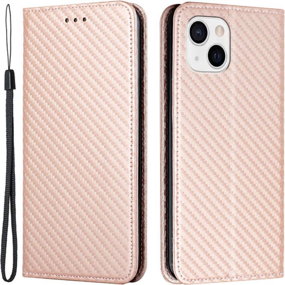 Cover-Discount iPhone 15 Plus - Carbon Look Flip Case Hülle rosa (Apple iPhone 15 Plus), Smartphone Hülle, Rosa