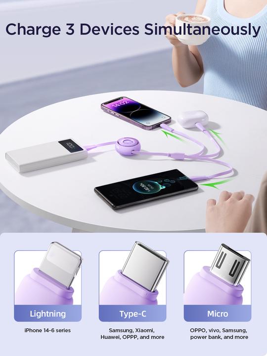 Actual product image Joyroom S-A40 Colorful Series 3in1 retractable cable USB-A to USB-C / Lightning / microUSB 1m - purp (1 m, USB 3.2 Gen 1)