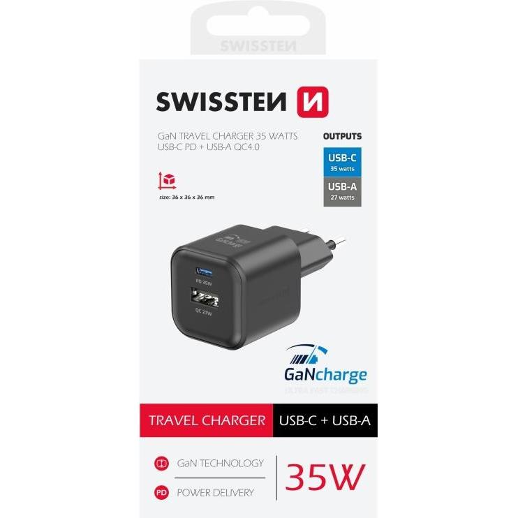 Thumbnail - Swissten Travel Charger Gan 1X USB-C 35W PD + 1X USB-A 27W QC Black (35 W), USB Ladegerät, Schwarz