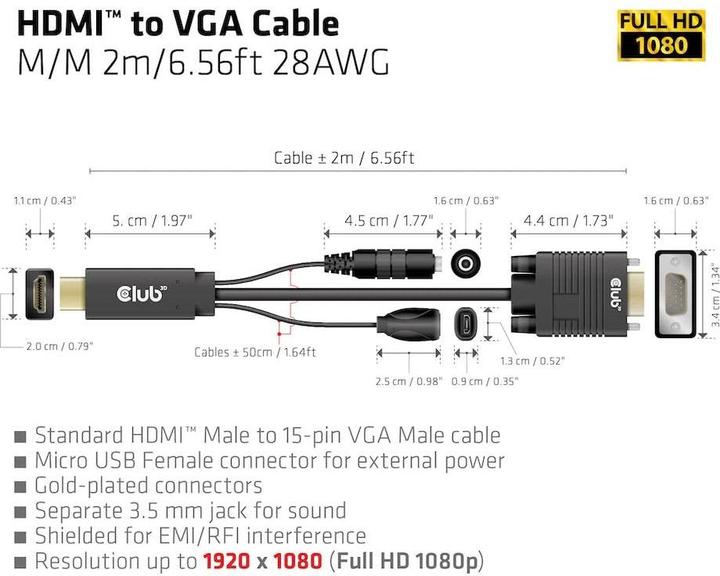 Image du produit Club 3D Câble Club3D HDMI+Micro-USB femelle > VGA+ mâle/femelle (2 m)