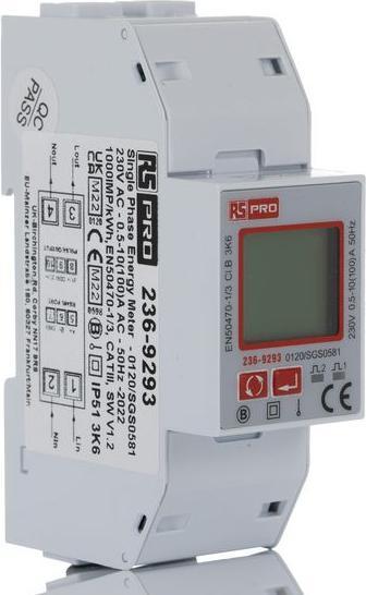 Actual product image RS PRO Energy meter LCD backlight, 7-digit / 1-phase, pulse output