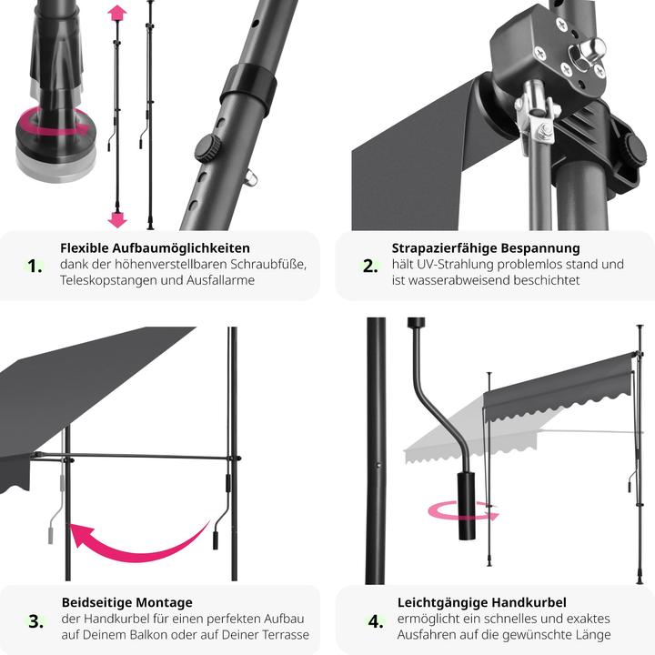 Produktbild tectake Klemmmarkise mit Handkurbel, höhenverstellbar (2.50 m)