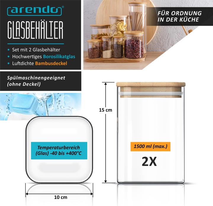 Produktbild Arendo 2x Vorratsgläser, 1,5 L Glasbehälter, 2er Set, Borosilikatglas, Bambusdeckel, Vorratsdosen luftdicht (1.50 l)
