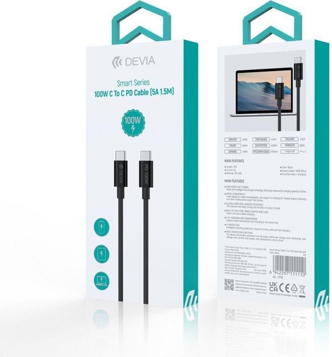 Image du produit Devia câble Smart EC317 PD USB-C - USB-C 1,5 m 100W 5A noir (1.50 m, USB 3.0, 100 W)